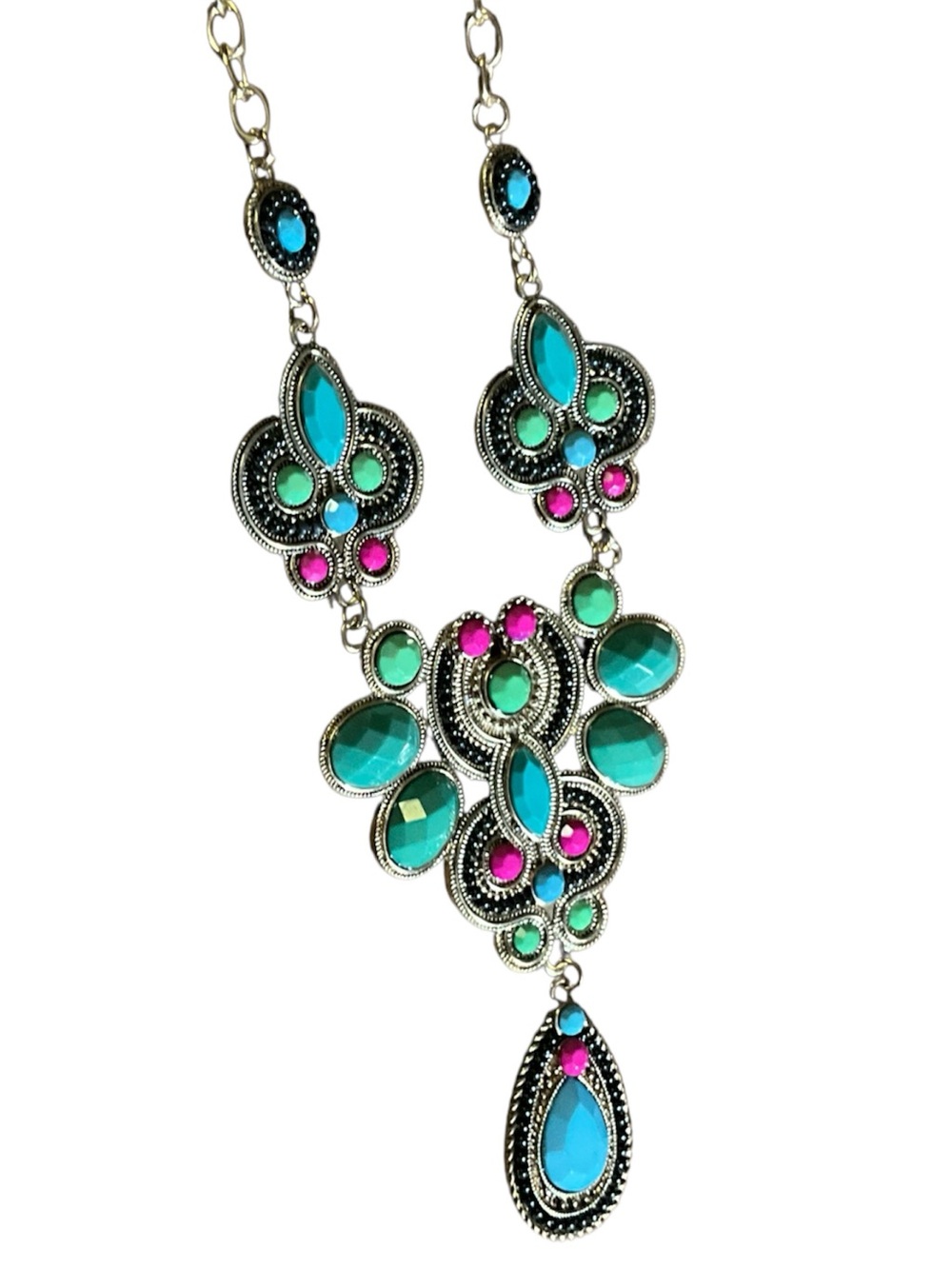 Boho Statement Necklace Colors of Turquoise Pink Green Gold Tone Bib Festival